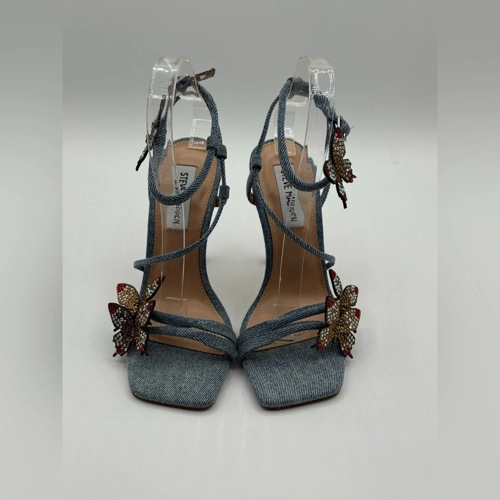 Steve Madden Uma/Uma Denim Butterfly Rhinestone Stiletto Heels Embellished Ankle - Picture 5 of 17